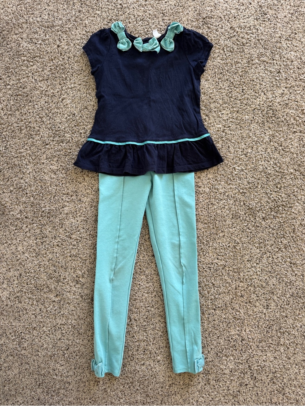 Janie and Jack Navy Ruffle Top with Mint Bow Accents and Mint Leggings